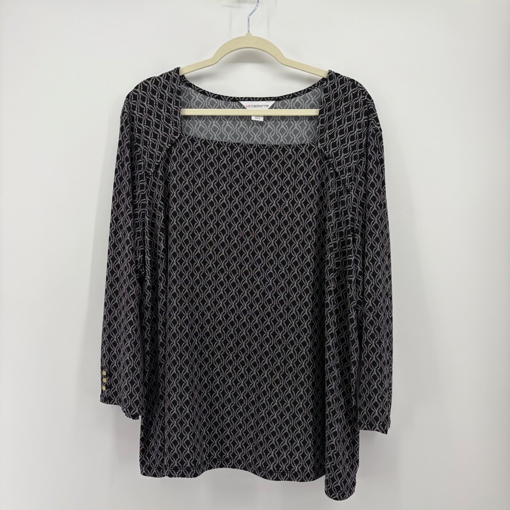 Liz Claiborne Womens 2X Black White Geometric Square Neck Long Sleeve Tunic Top